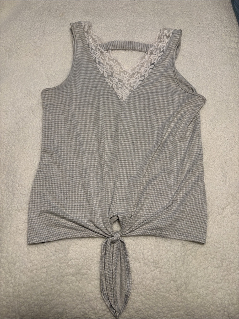 Daytrip Gray Tank with Lace V-Neck and Front Knot